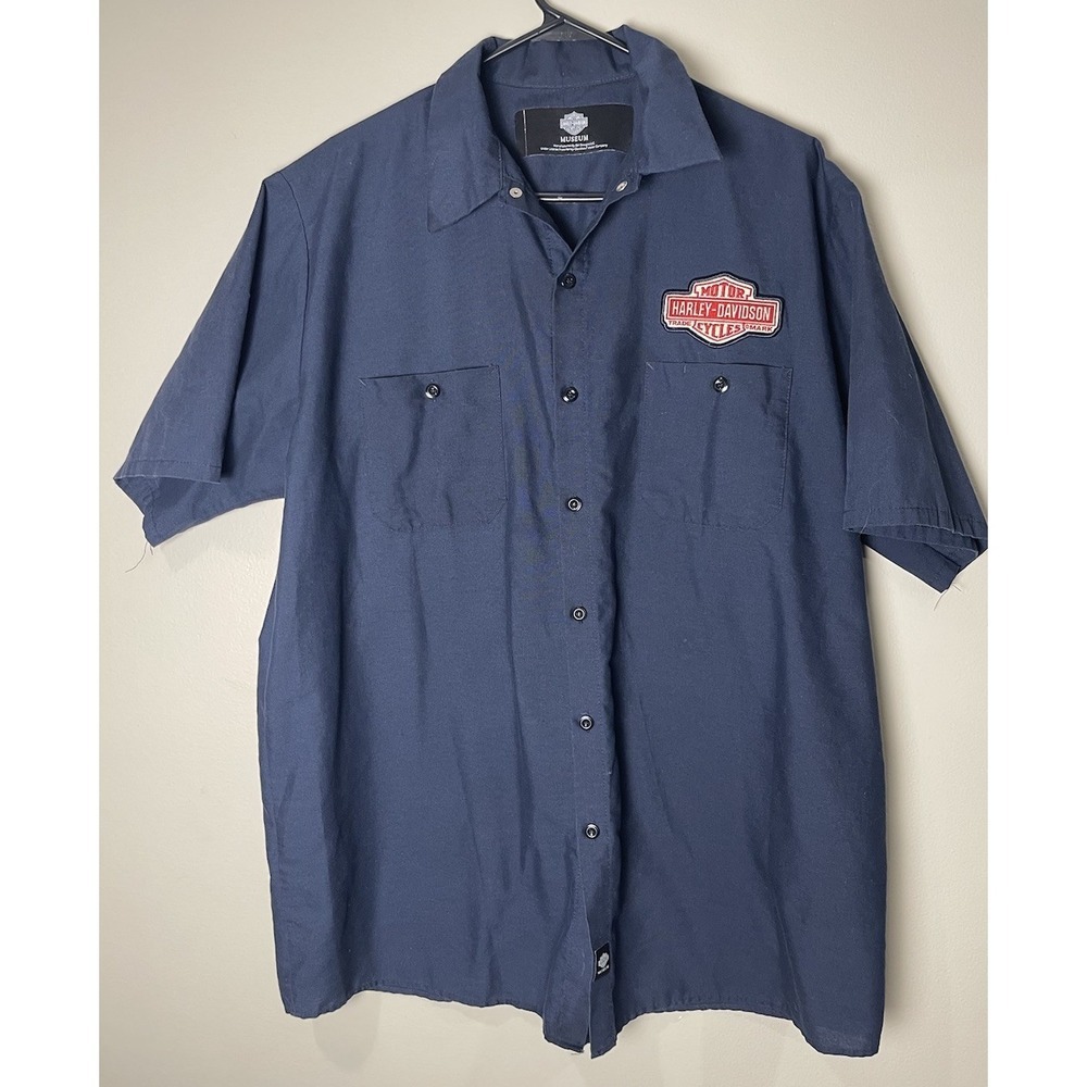 Harley-Davidson Museum Men's Short Sleeve Button Front Shirt Size XXL Navy Blue